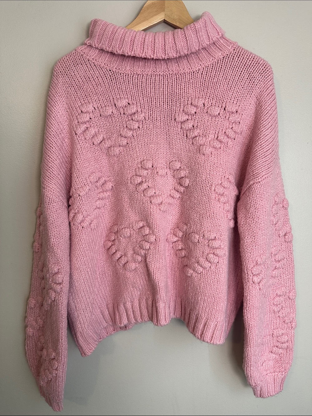 New York & Company Pink 3D Pom Pom Heart Chunky Turtleneck Sweater M